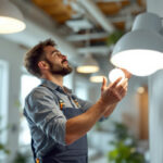 A photograph of a lighting contractor installing or demonstrating the ledball technology in a commercial or residential setting