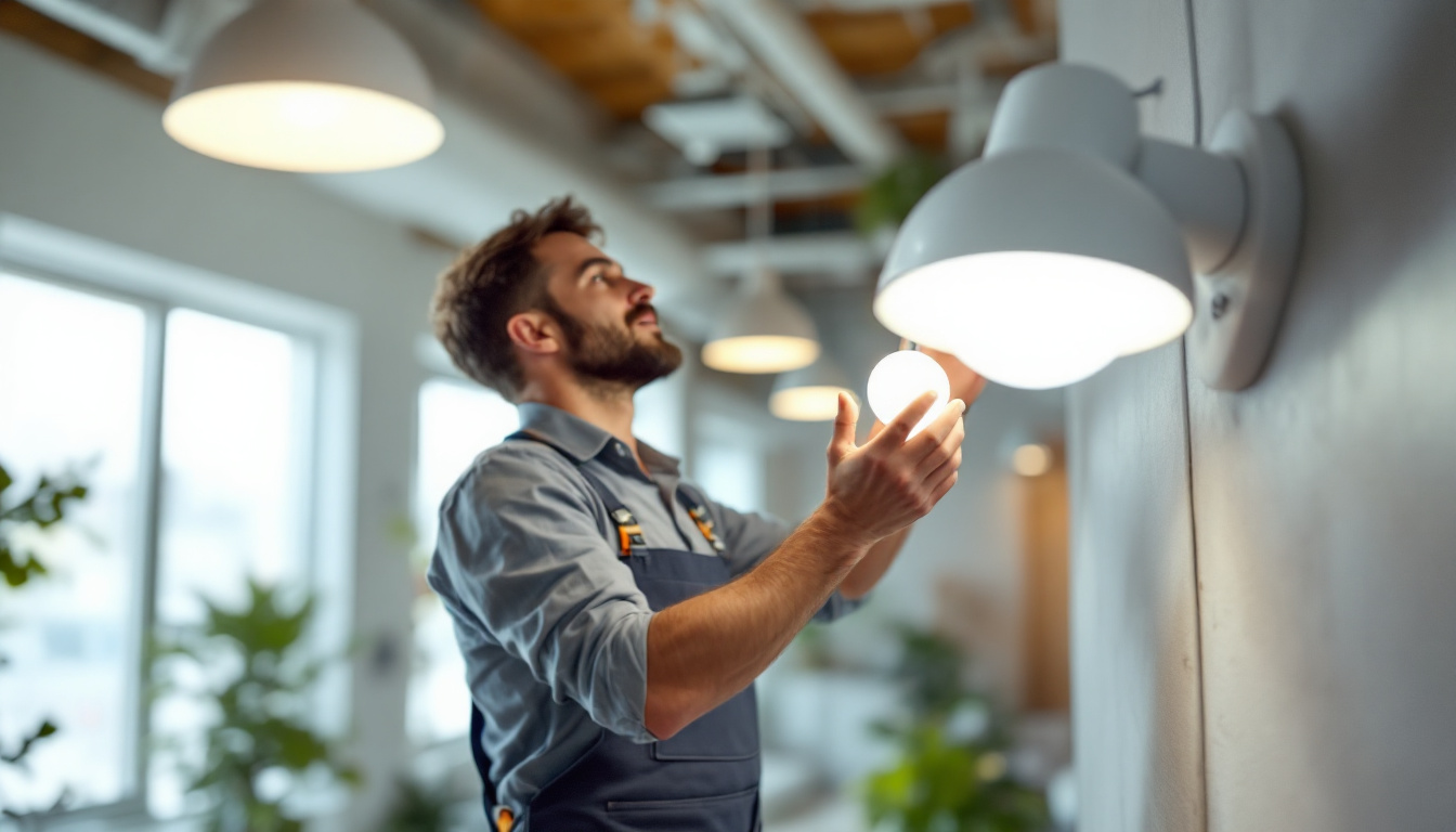 A photograph of a lighting contractor installing or demonstrating the ledball technology in a commercial or residential setting