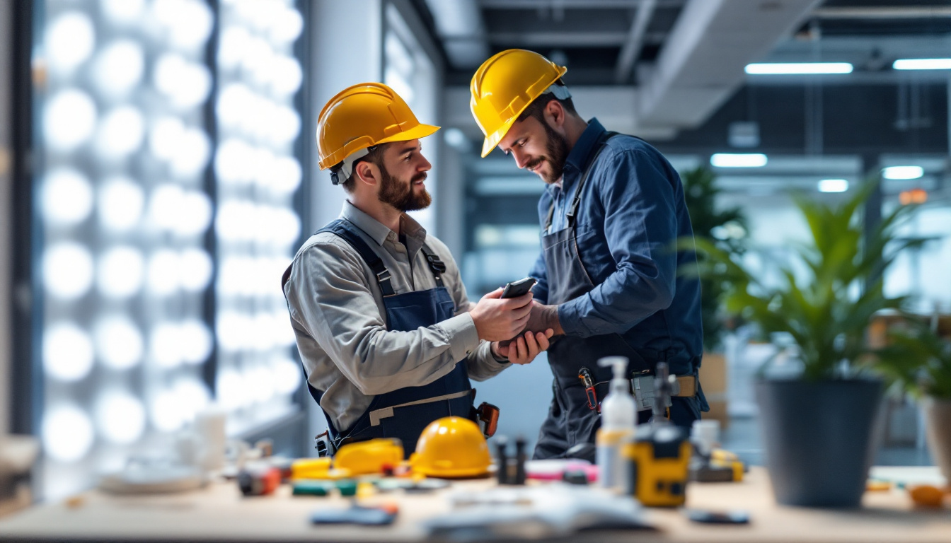 A photograph of a skilled lighting contractor installing a led light driver in a modern commercial setting
