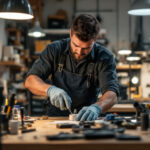 A photograph of a lighting contractor in action