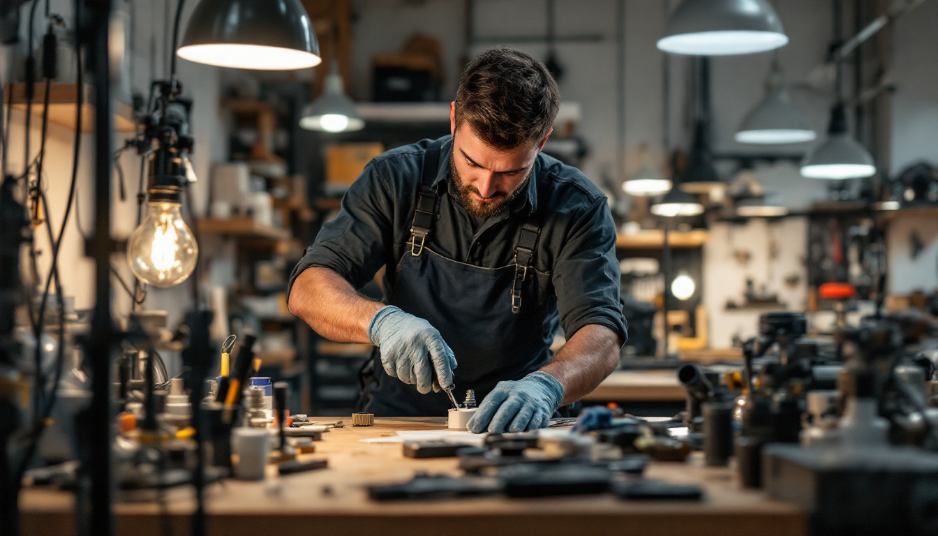 A photograph of a lighting contractor in action