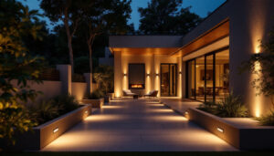 A photograph of a beautifully lit outdoor space featuring recessed lighting integrated into architectural elements