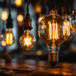 A photograph of an elegant arrangement of antique light bulbs displayed in a vintage setting