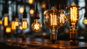 A photograph of an elegant arrangement of antique light bulbs displayed in a vintage setting