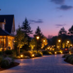A photograph of a beautifully lit outdoor setting featuring various styles of electric lamps in use