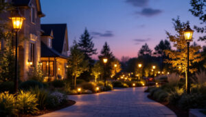 A photograph of a beautifully lit outdoor setting featuring various styles of electric lamps in use