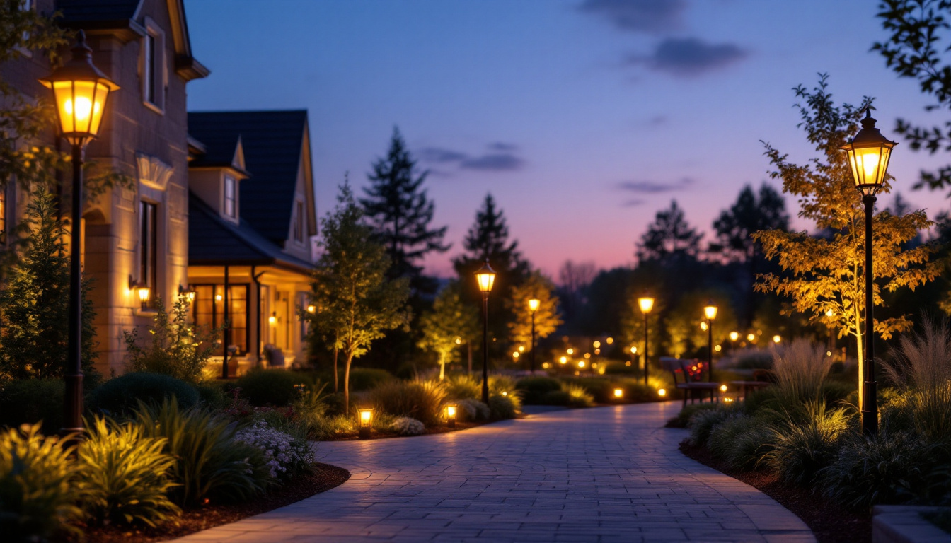 A photograph of a beautifully lit outdoor setting featuring various styles of electric lamps in use