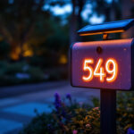 A photograph of a beautifully illuminated solar-powered address sign at dusk