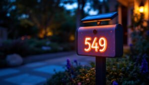 A photograph of a beautifully illuminated solar-powered address sign at dusk