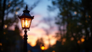 A photograph of a beautifully designed gaslight lamp in an outdoor setting