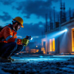 A photograph of a lighting contractor setting up or using powerful exterior work lights at a construction site during twilight
