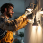 A photograph of a lighting contractor in action