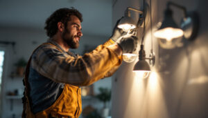 A photograph of a lighting contractor in action