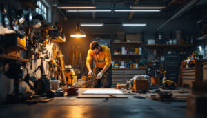 A photograph of a well-lit garage workspace showcasing led lights in action