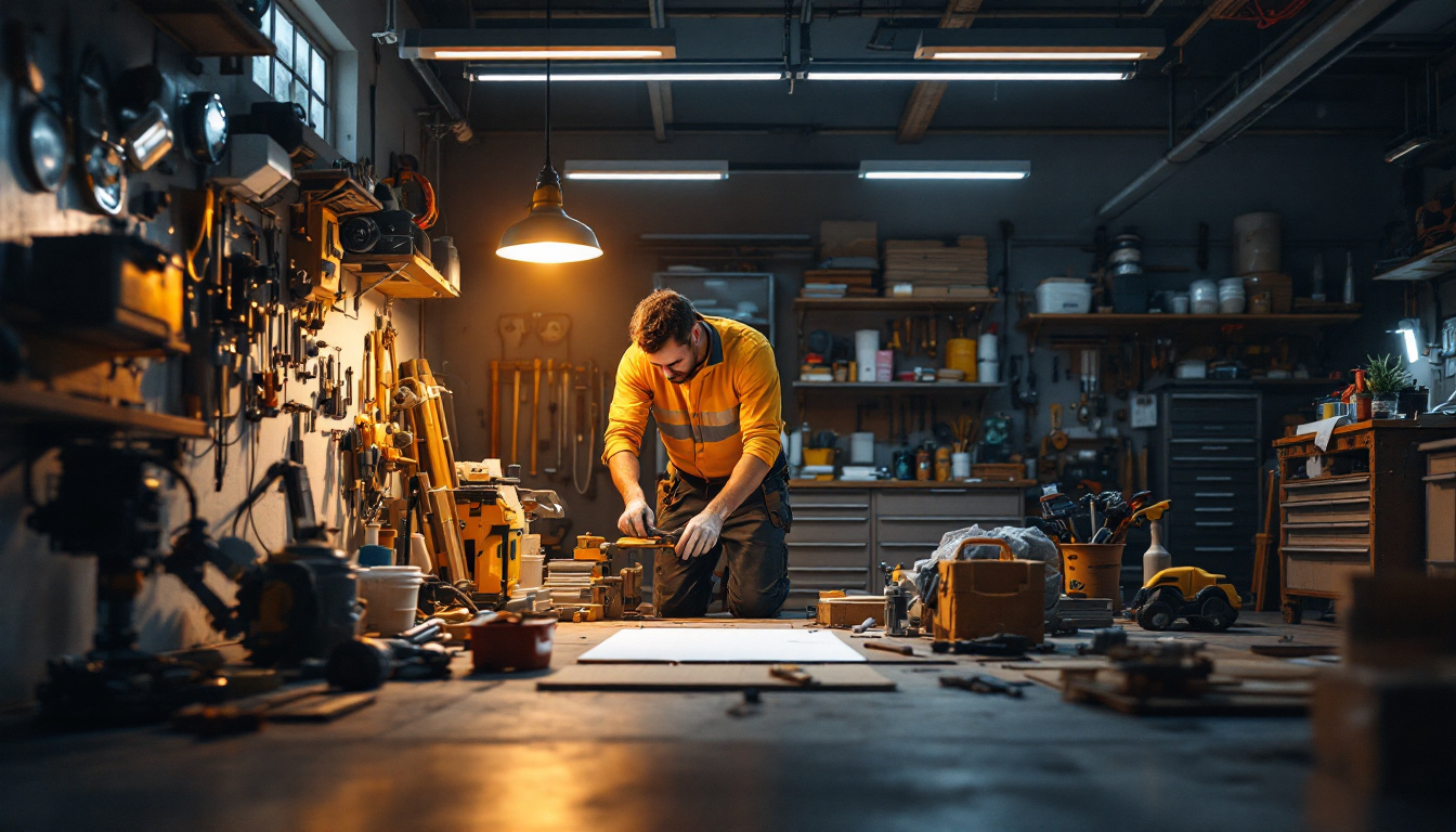 A photograph of a well-lit garage workspace showcasing led lights in action