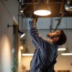 A photograph of a skilled lighting contractor expertly installing or adjusting high-quality lighting fixtures in a modern space