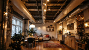 A photograph of a beautifully lit exposed ceiling basement