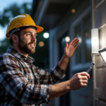A photograph of a lighting contractor installing a sleek motion sensor light fixture in an outdoor setting