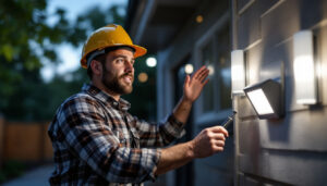 A photograph of a lighting contractor installing a sleek motion sensor light fixture in an outdoor setting