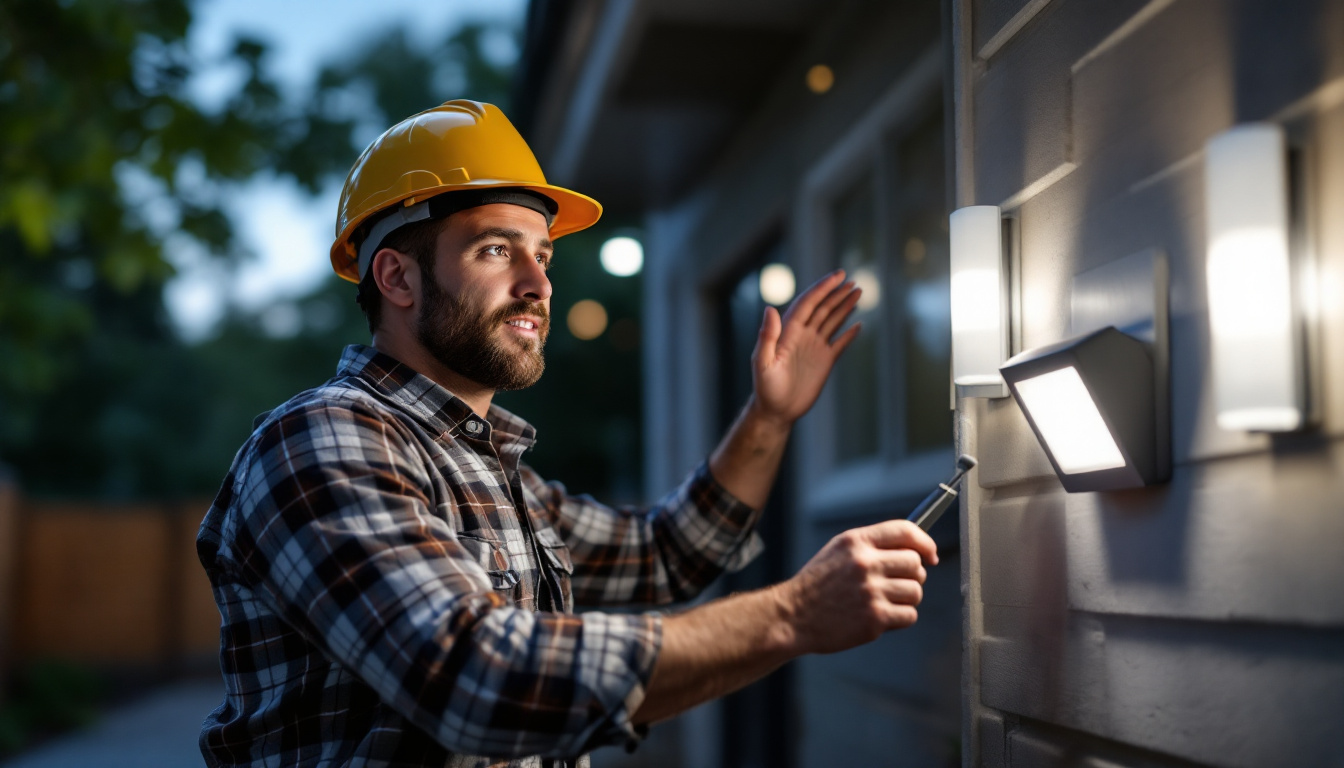 A photograph of a lighting contractor installing a sleek motion sensor light fixture in an outdoor setting