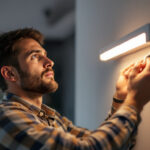 A photograph of a lighting contractor skillfully installing a sleek plug-in strip light in a modern interior setting
