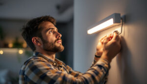 A photograph of a lighting contractor skillfully installing a sleek plug-in strip light in a modern interior setting