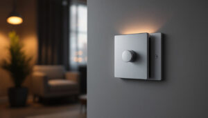 A photograph of a stylishly designed light switch in a modern interior setting