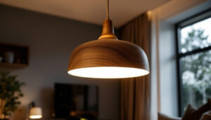 A photograph of a stylish ceiling pendant light installed in a modern living space