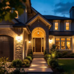 A photograph of a well-lit exterior of a house at dusk
