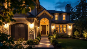 A photograph of a well-lit exterior of a house at dusk