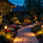 A photograph of a beautifully lit outdoor space featuring solar-powered decorative lights illuminating pathways and garden features