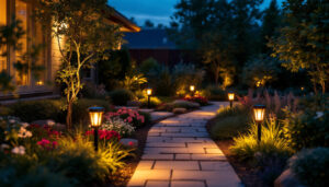 A photograph of a beautifully lit outdoor space featuring solar-powered decorative lights illuminating pathways and garden features