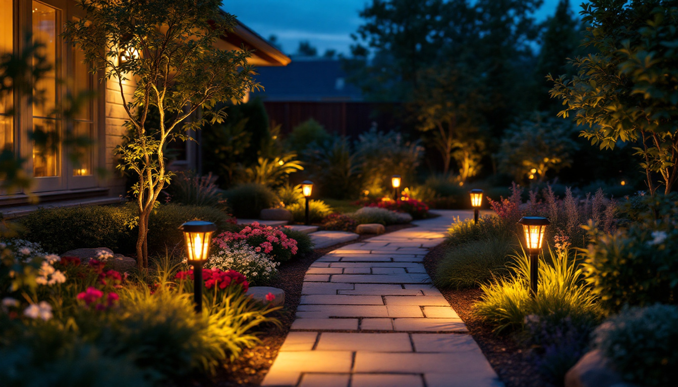 A photograph of a beautifully lit outdoor space featuring solar-powered decorative lights illuminating pathways and garden features