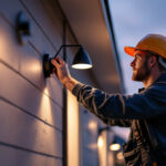 A photograph of a skilled lighting contractor installing or adjusting stylish exterior light fixtures on a contemporary home