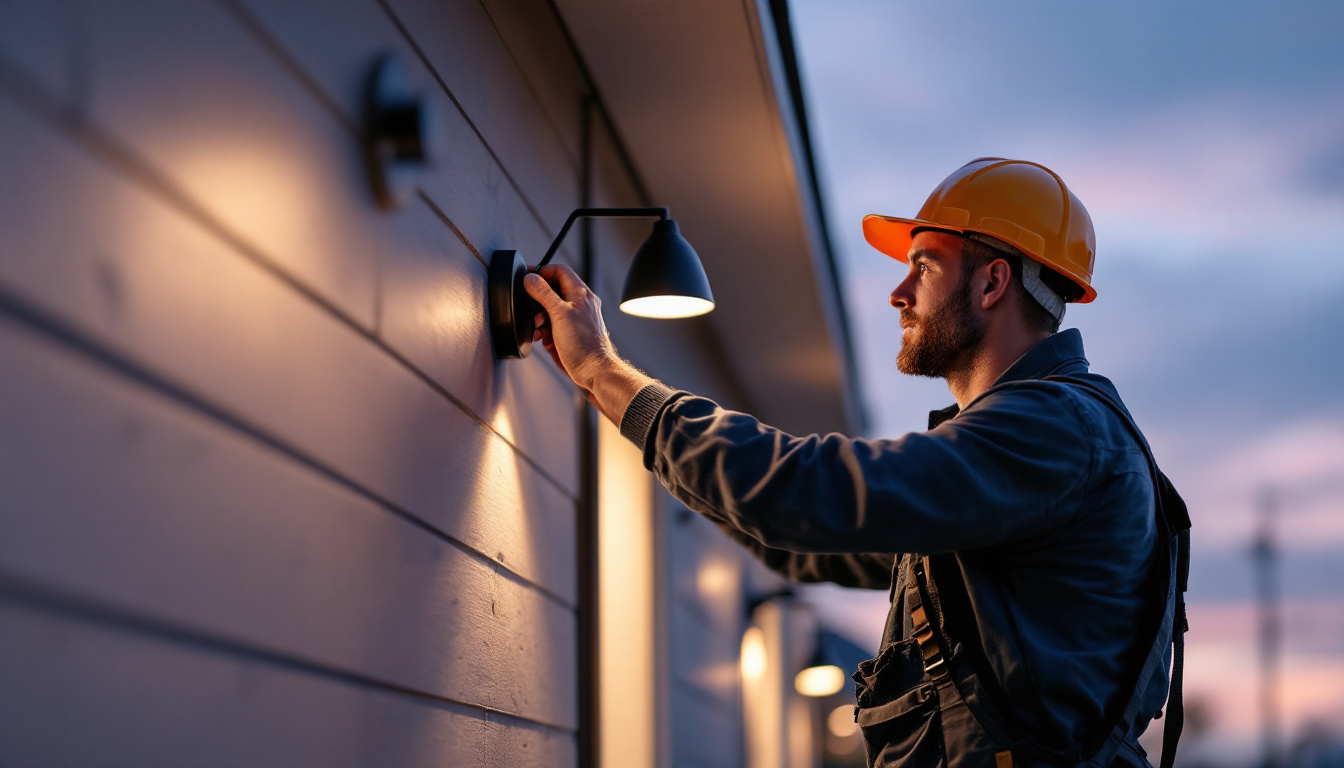 A photograph of a skilled lighting contractor installing or adjusting stylish exterior light fixtures on a contemporary home