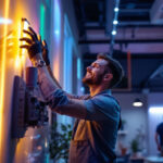 A photograph of a lighting contractor installing or showcasing led lighting in a commercial or residential setting