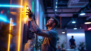 A photograph of a lighting contractor installing or showcasing led lighting in a commercial or residential setting