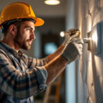 A photograph of a lighting contractor skillfully installing or adjusting a plug switch in a well-lit residential or commercial setting