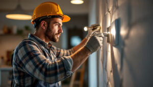 A photograph of a lighting contractor skillfully installing or adjusting a plug switch in a well-lit residential or commercial setting