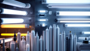 A photograph of a well-organized display of various types of fluorescent tubes