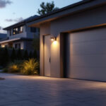 A photograph of a well-lit outdoor garage scene at dusk
