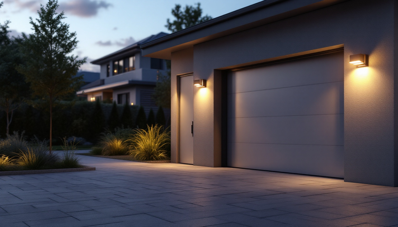 A photograph of a well-lit outdoor garage scene at dusk