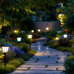 A photograph of a beautifully illuminated outdoor space featuring various styles of solar lights in a lush garden setting