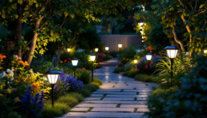 A photograph of a beautifully illuminated outdoor space featuring various styles of solar lights in a lush garden setting