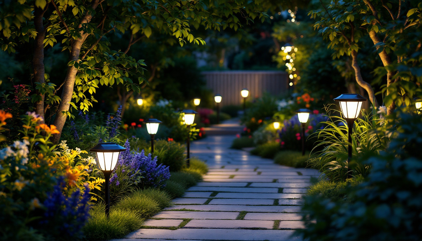A photograph of a beautifully illuminated outdoor space featuring various styles of solar lights in a lush garden setting