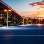 A photograph of a well-lit solar parking lot at dusk