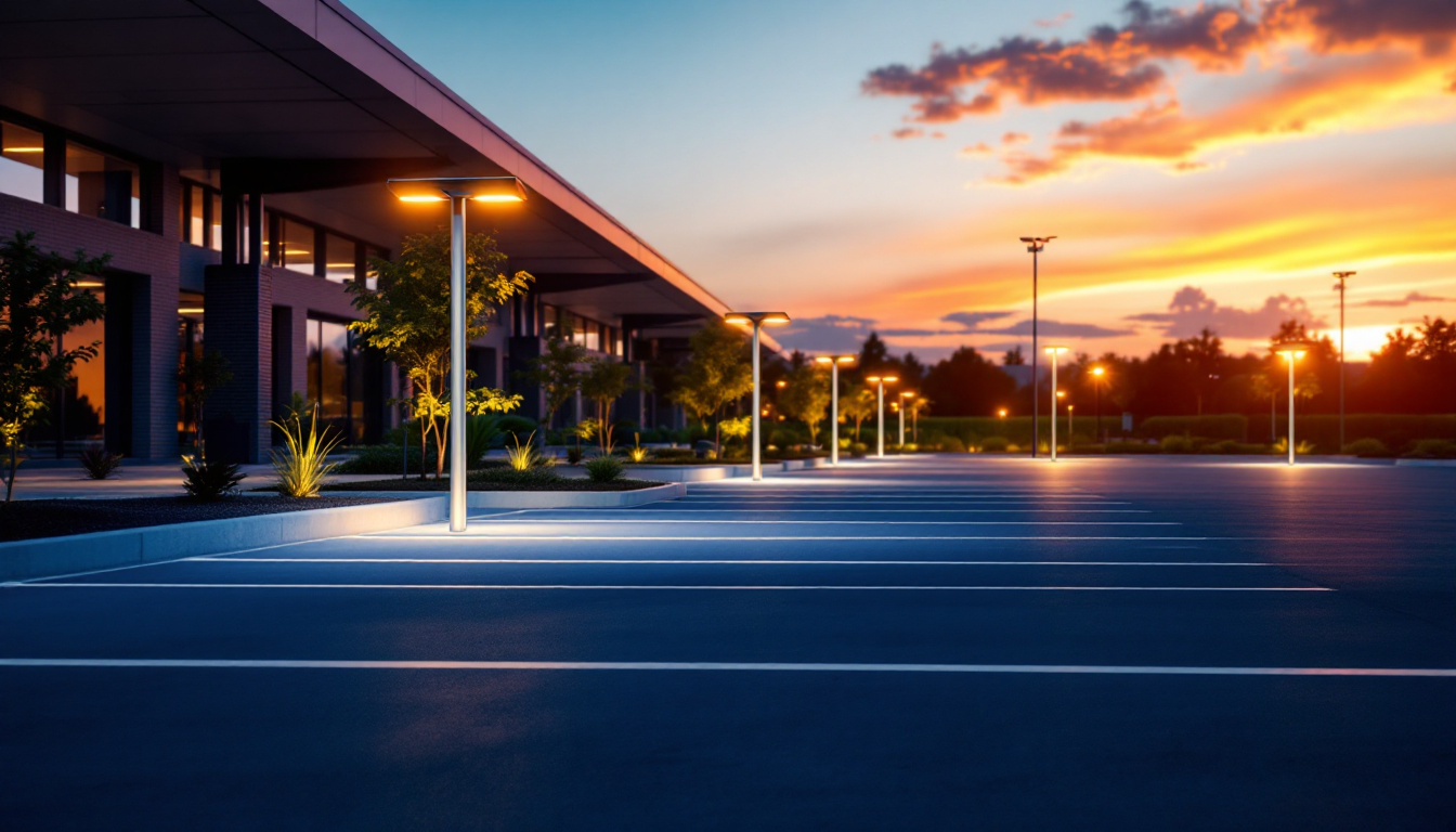 A photograph of a well-lit solar parking lot at dusk