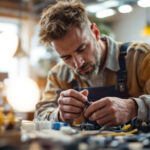 A photograph of a skilled lighting contractor working with various types of electrical plugs and connectors in a well-lit workshop