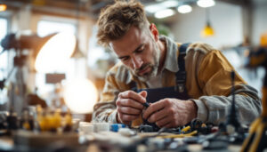 A photograph of a skilled lighting contractor working with various types of electrical plugs and connectors in a well-lit workshop