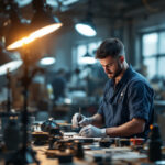 A photograph of a skilled lighting contractor working with various lamp holders in a well-lit workshop
